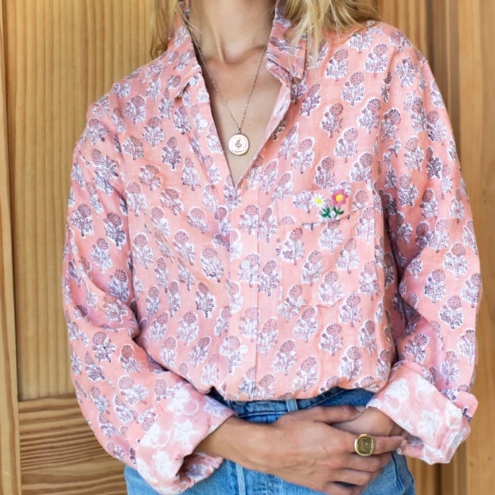 Emerson Fry India Collection Ryan Shirt Block Print Embroidered Flowers Size XS - Picture 4 of 11